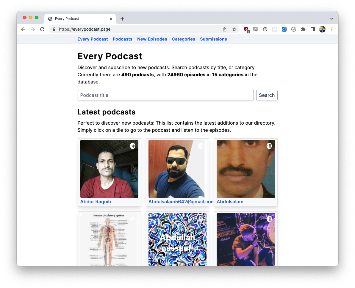 Screenshot of the front page of EveryPodcast.page