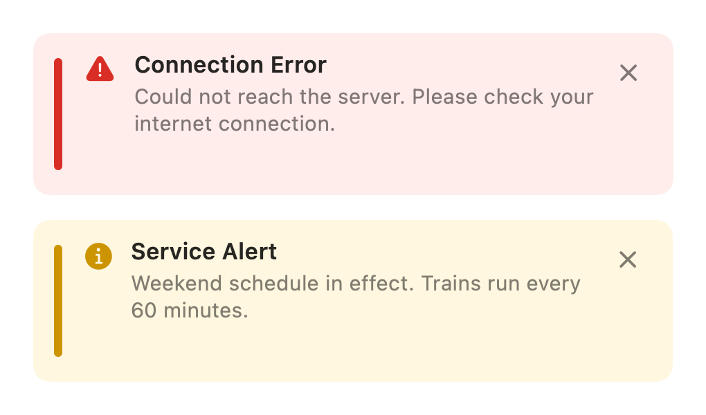 Status banners from swift-components showing a connection error and a service alert
