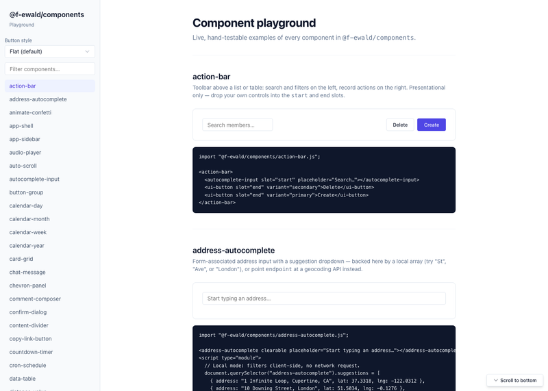 Component playground for @f-ewald/components showing the sidebar list of available components and a live action-bar example
