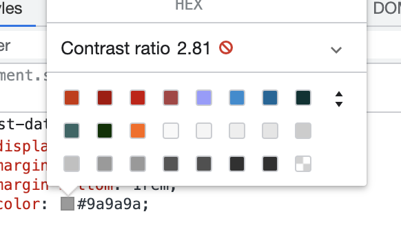 Google Chrome warning about too low contrast ration in developer tools