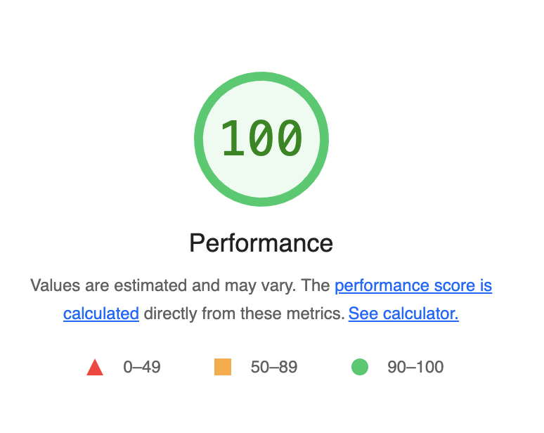 Lighthouse report showing 100 performance for fewald.net